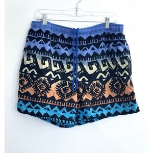 Vintage Hobie Swim Surf Shorts Baggies Blue Yellow Tribal Waves Colorful Stretch